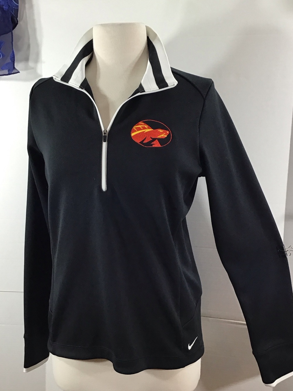 Nike Black Half-Zip Pullover with Striped Collar and Turtle Logo L
